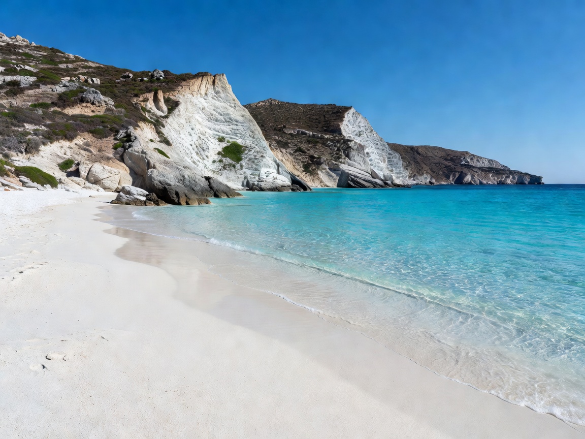 Crystal blue waters and white sandy coves in the Greek Islands Cyclades