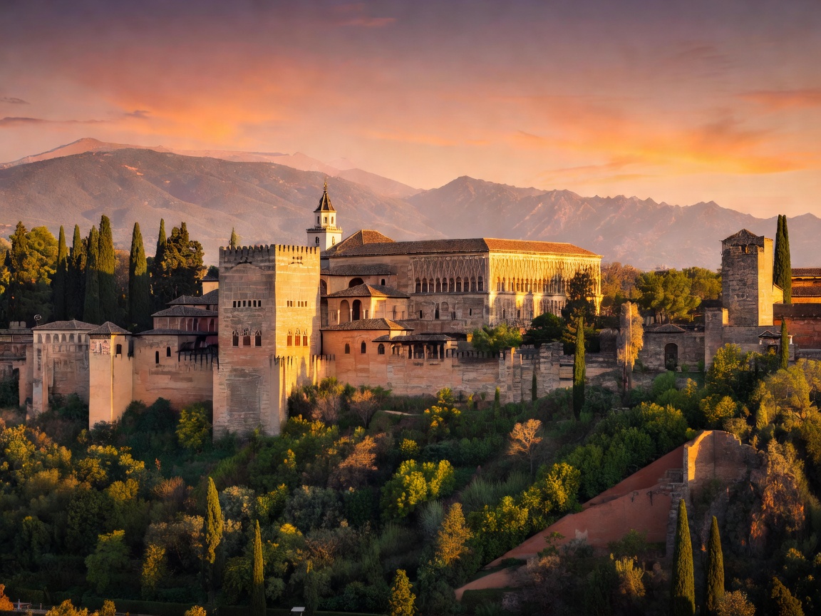 Golden sunset light over the ancient Alhambra palace complex in Andalusia Spain