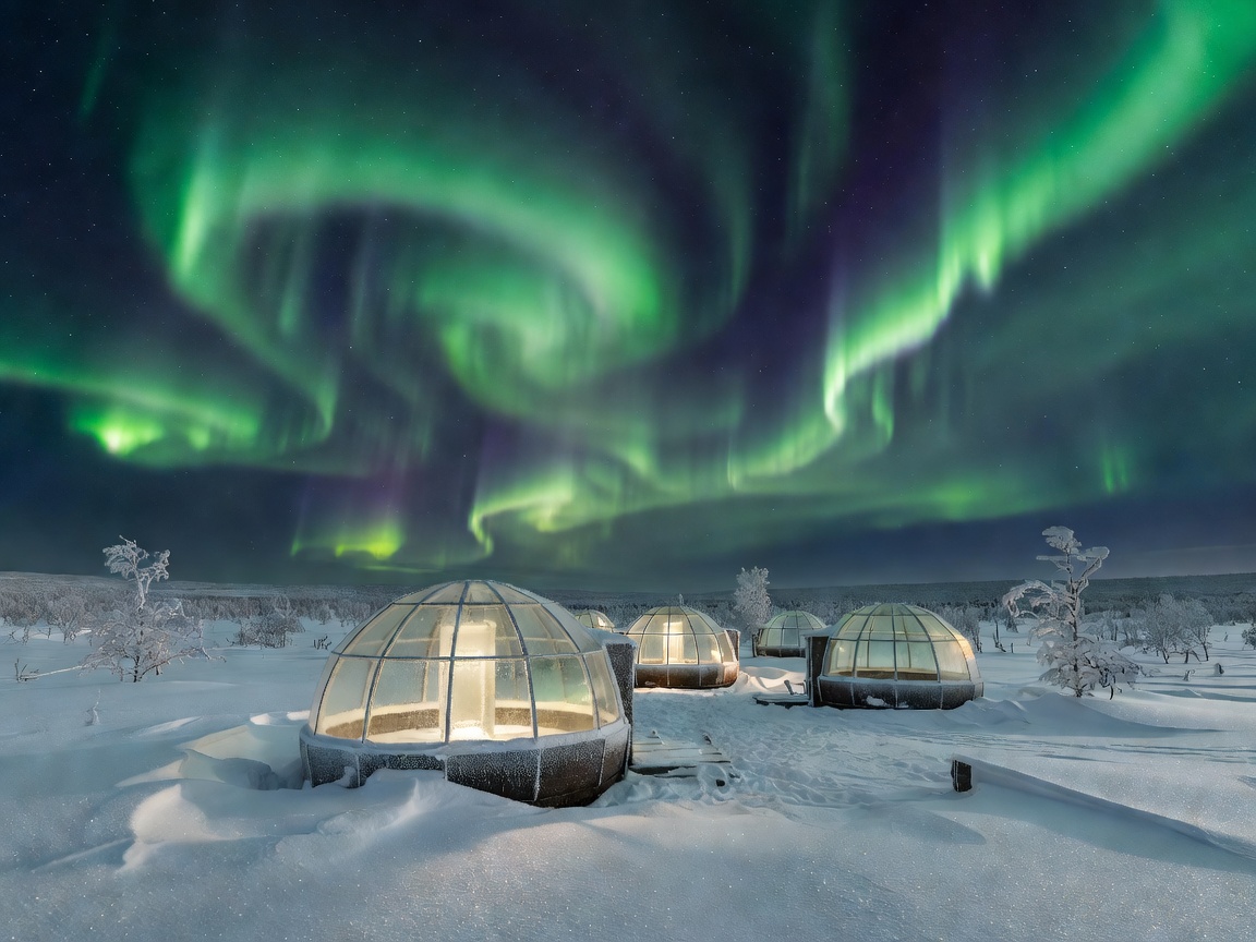 Illuminated Arctic glass igloos under glowing green aurora borealis in Lapland Finland