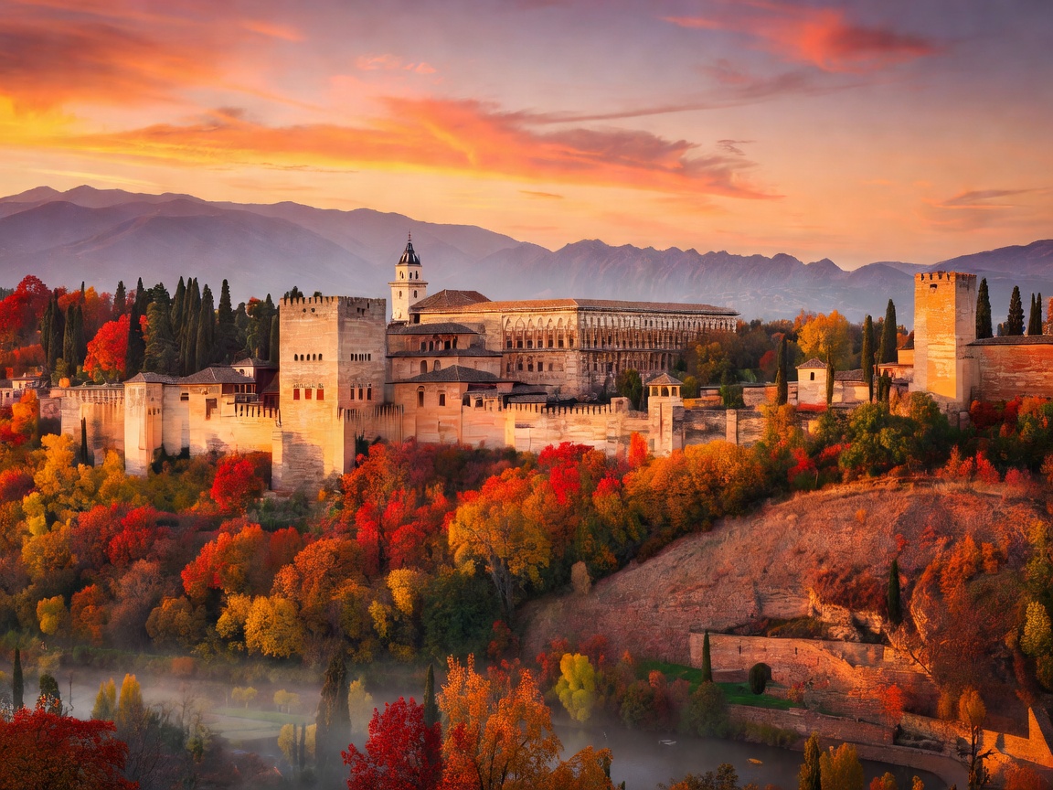 Majestic view of the Alhambra palace in Granada Andalusia during autumn sunset