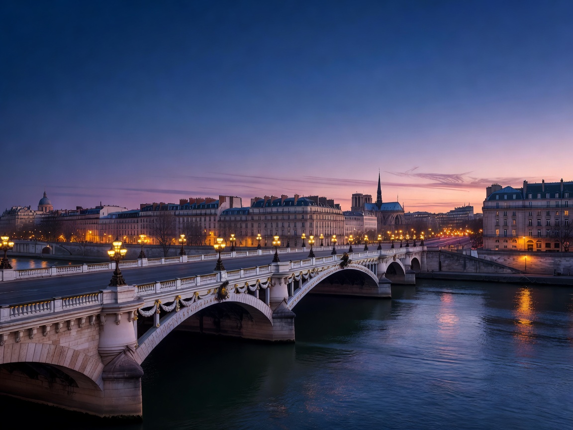 Scenic Parisian bridge overlooking the Seine River at dusk with city lights