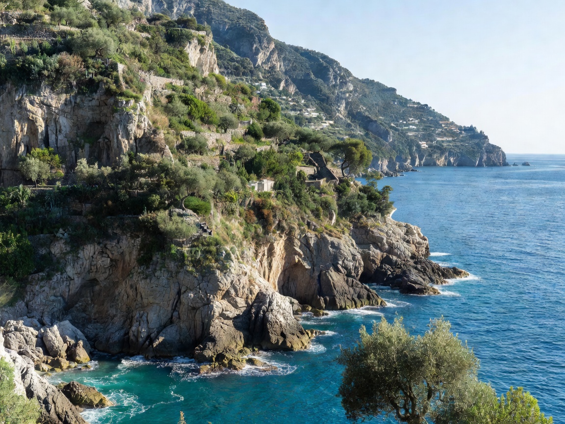 Scenic view of Amalfi Coast cliffs overlooking the azure Mediterranean Sea