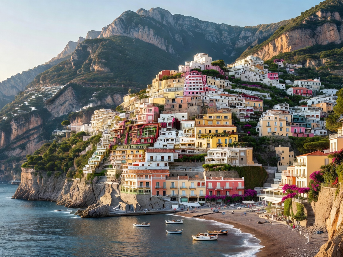 Scenic view of cliffside Positano village in Amalfi Coast Italy