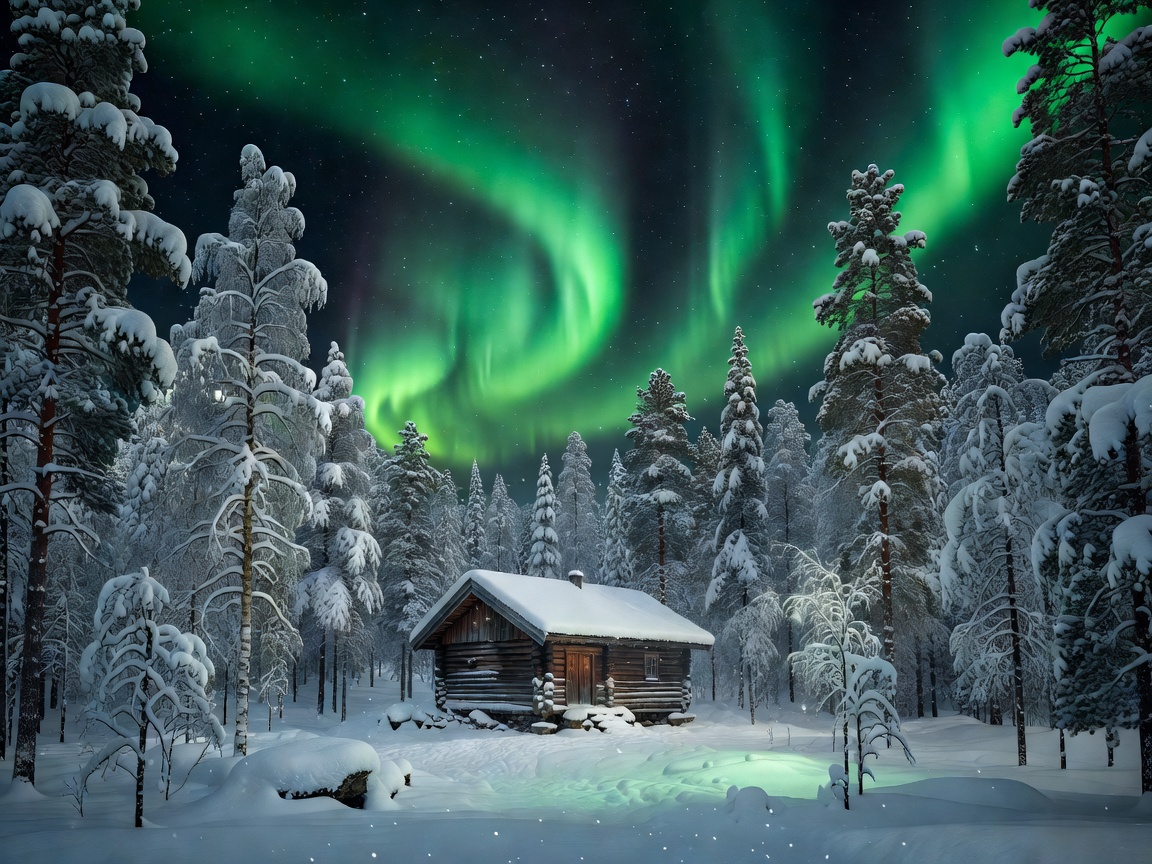 Snow covered forest and wooden lodge in Lapland with vivid green Northern Lights