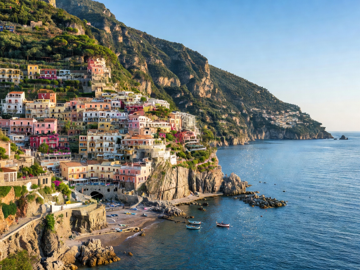 Spectacular panoramic view of Positano on the Amalfi Coast overlooking the Mediterranean sea in May