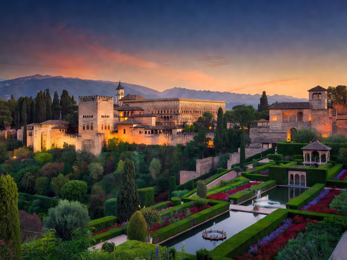 Spectacular view of the Alhambra and Generalife gardens illuminated at dusk in Granada Spain